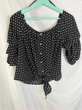 OLM Black Polka Dot Tie-Front Women's Top M
